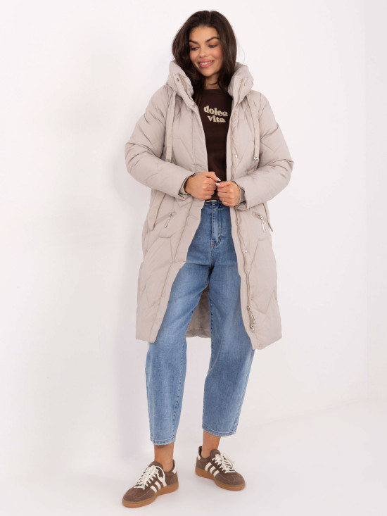 Cappotto lungo trapuntato beige con cappuccio