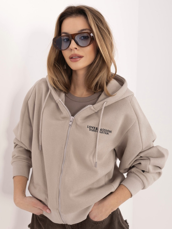 Felpa corta beige con cappuccio e zip