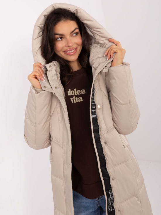 Cappotto lungo trapuntato beige con cappuccio