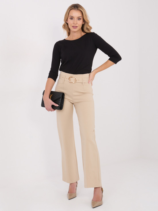 Pantaloni eleganti beige in tessuto con vita alta e cintura