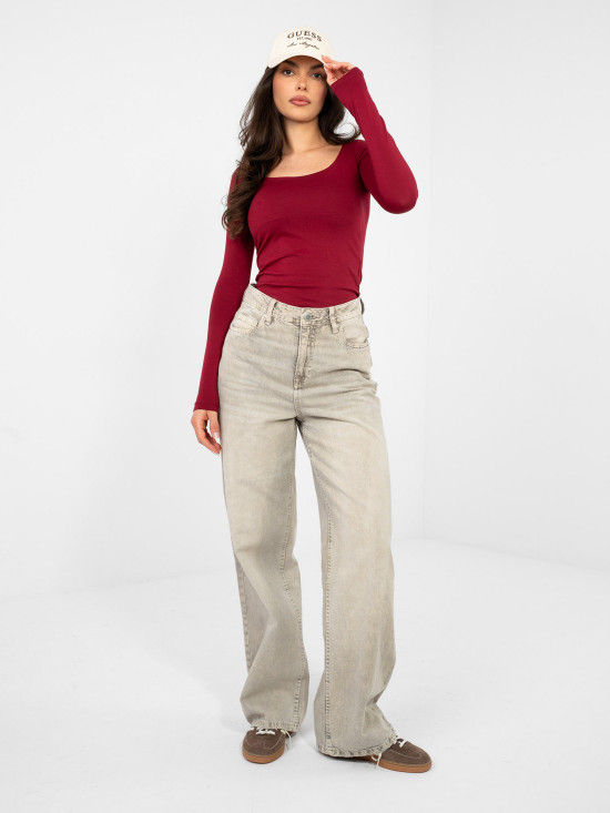 Blusa in cotone bordeaux con maniche lunghe e scollo quadrato