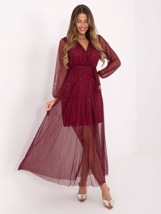 Abito maxi bordeaux con cintura e fodera