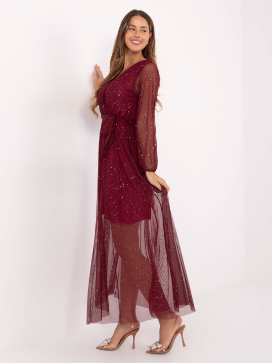 Abito maxi bordeaux con cintura e fodera