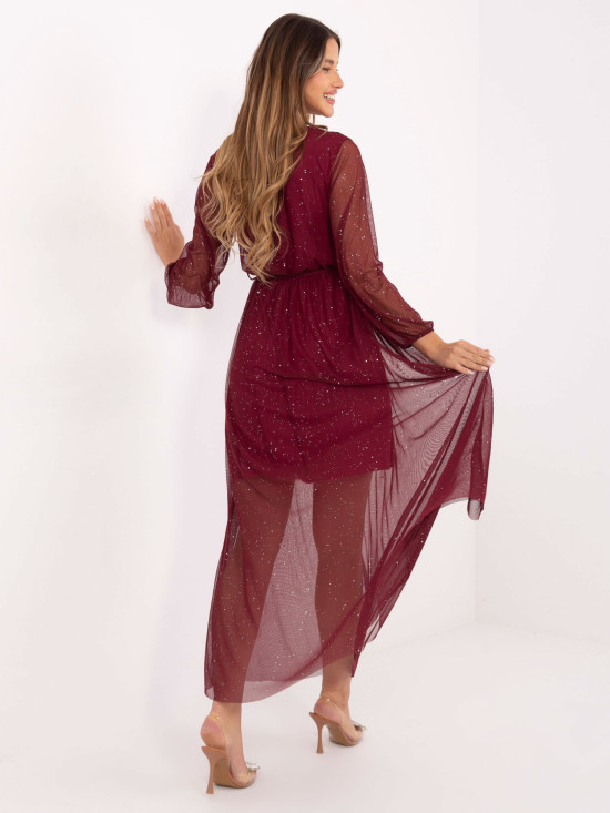 Abito maxi bordeaux con cintura e fodera