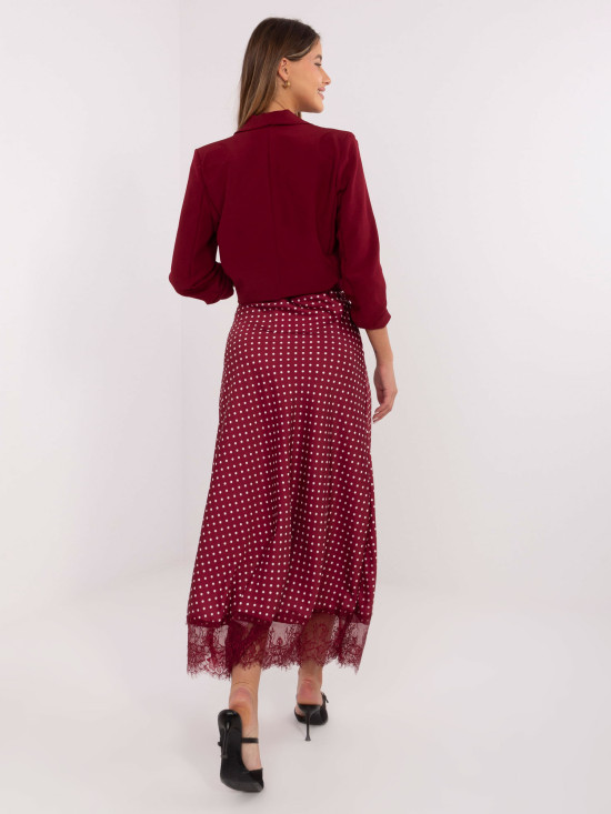 Gonna midi bordeaux a pois con pizzo