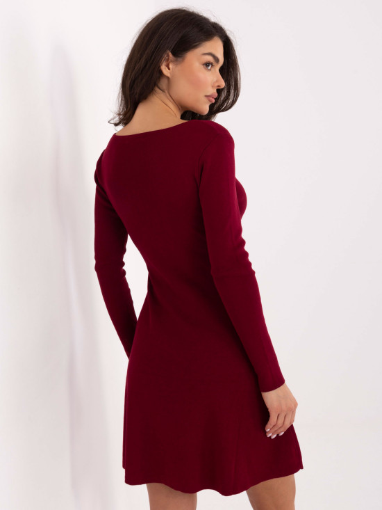 Bordo rebrasta pletena mini haljina s V-izrezom