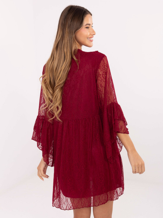 Mini abito svasato bordeaux con pizzo e laccetti
