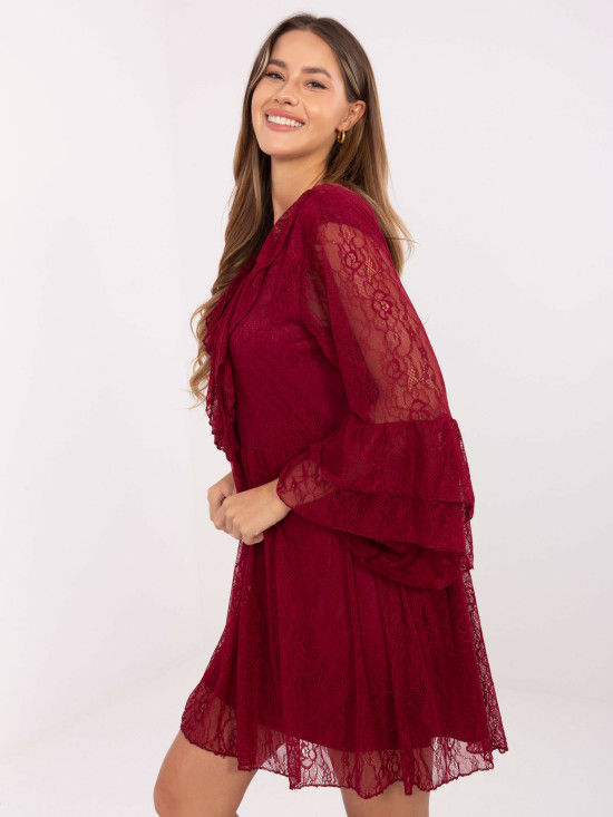 Mini abito svasato bordeaux con pizzo e laccetti