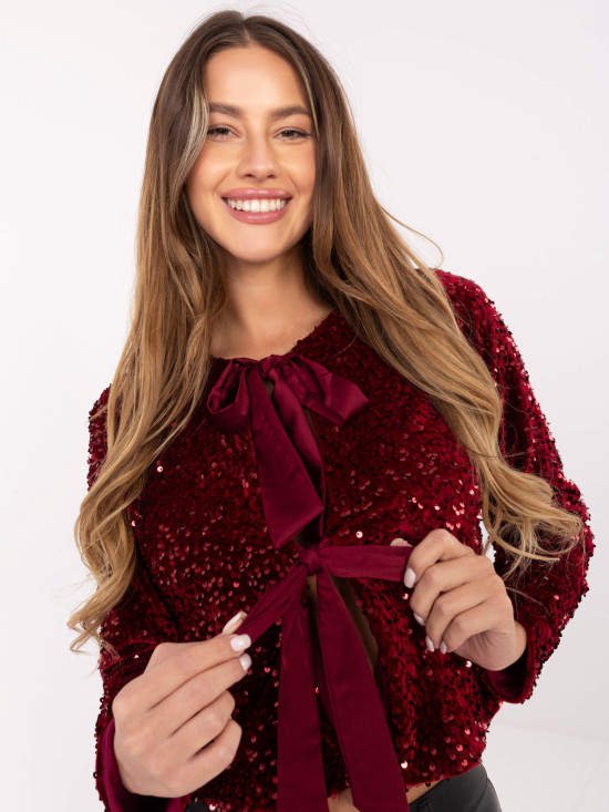 Elegante cardigan corto bordeaux con paillettes e fodera