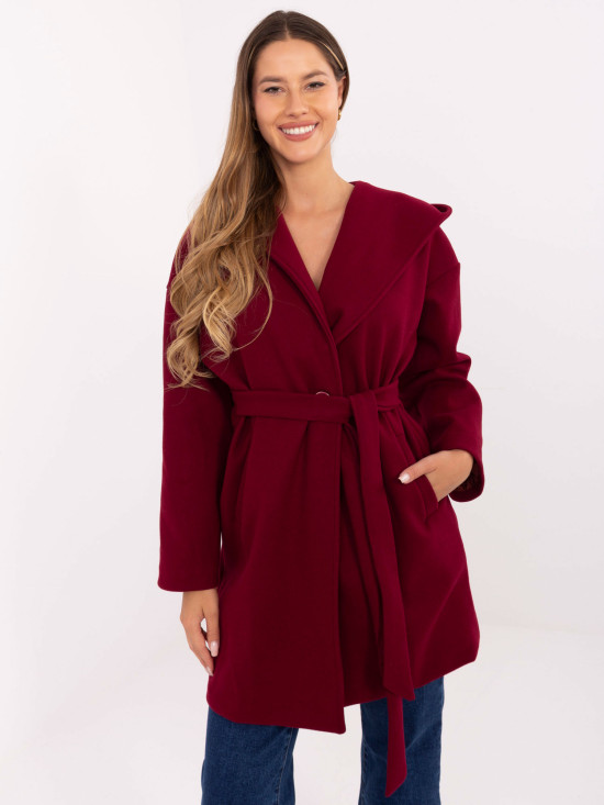 Cappotto bordeaux da mezza stagione con cappuccio e cintura