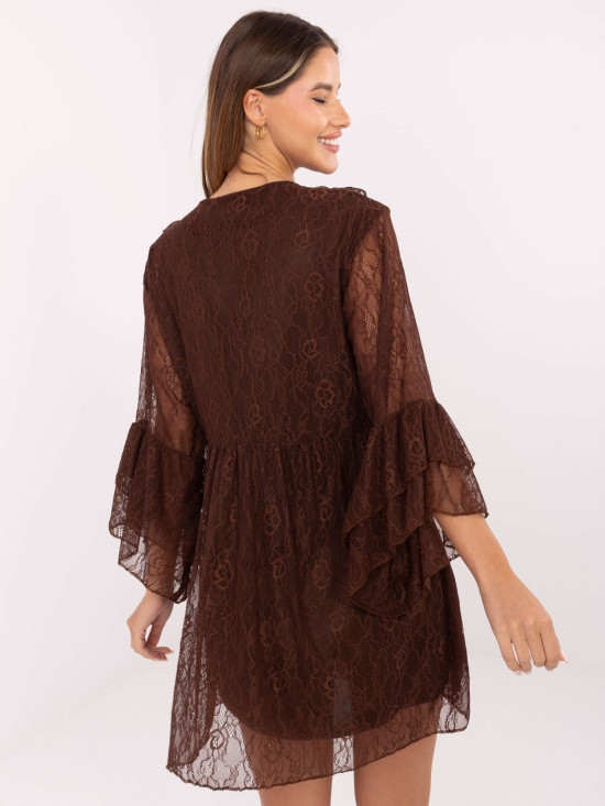 Mini abito svasato marrone con pizzo e laccetti
