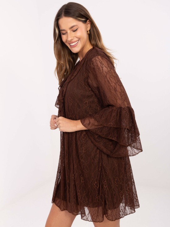 Mini abito svasato marrone con pizzo e laccetti
