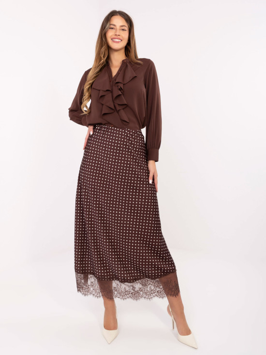 Gonna midi marrone a pois con pizzo