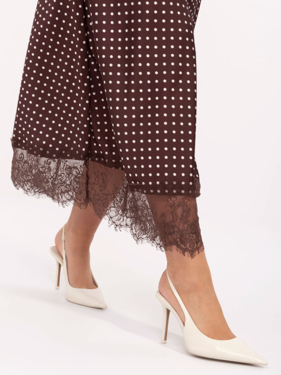 Gonna midi marrone a pois con pizzo