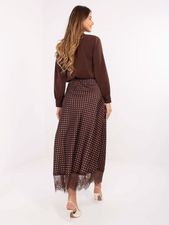 Gonna midi marrone a pois con pizzo