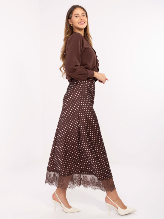Gonna midi marrone a pois con pizzo