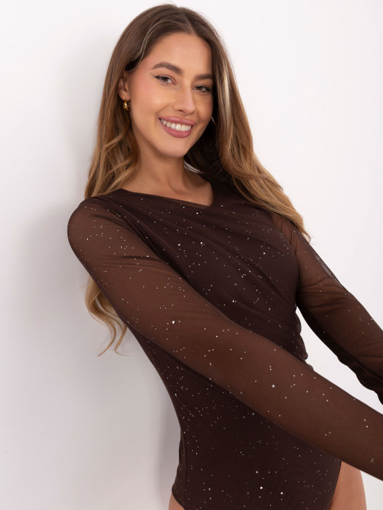 Elegantni smeđi body s aplikacijom i dugim rukavima