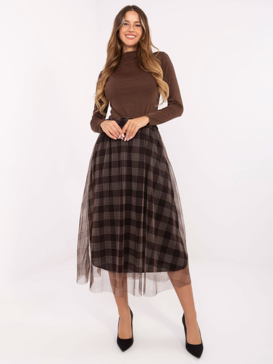 Gonna midi elegante marrone a quadri