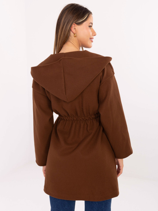Cappotto marrone da mezza stagione con cappuccio e cintura