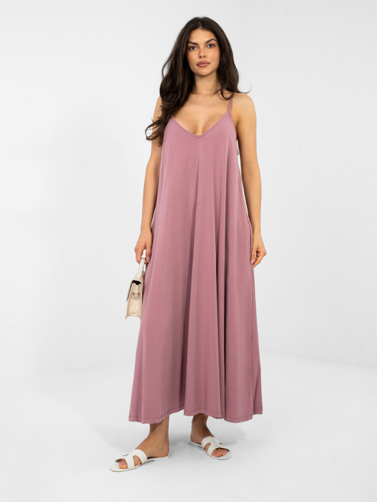 Abito estivo maxi con scollo a V e tasche, rosa scuro