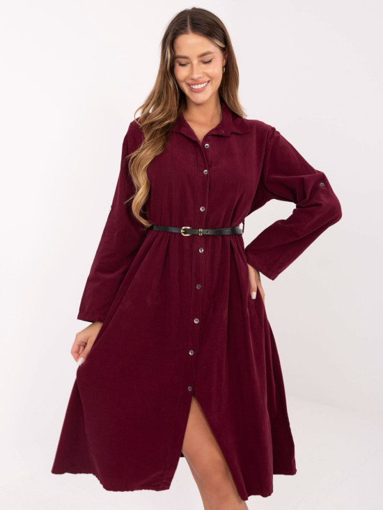 Abito camicia midi bordeaux con cintura