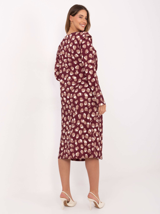 Abito midi bordeaux con motivo geometrico e maniche lunghe