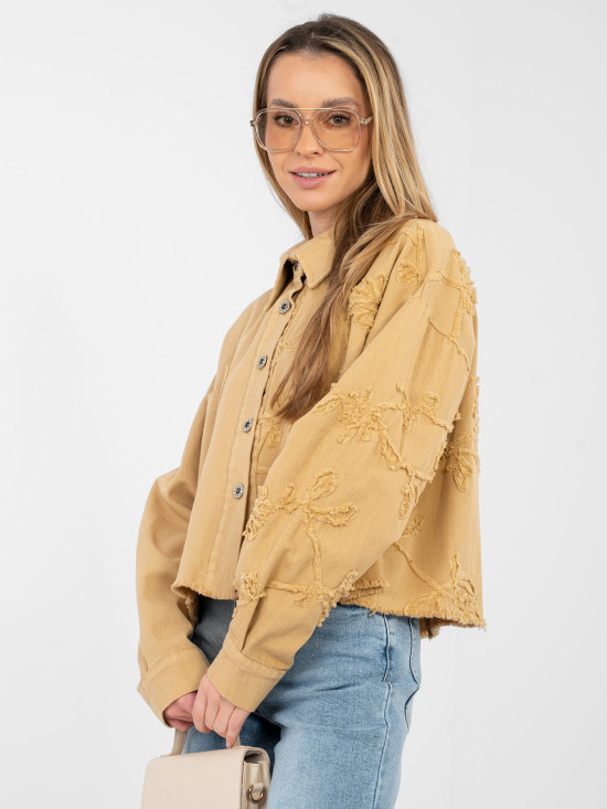 Kratka smeđa traper jakna s cvjetnom aplikacijom