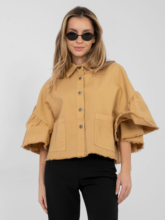 Kratka smeđa pamučna jakna s volanom i 3/4 rukavima