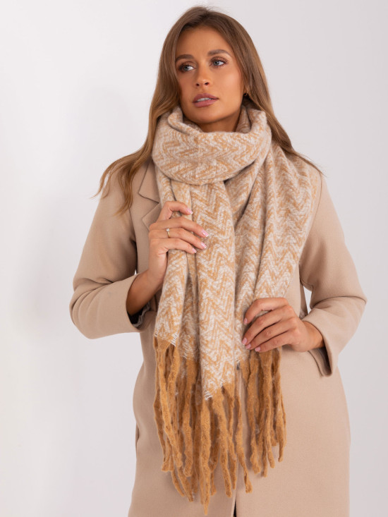 Sciarpa geometrica beige con frange