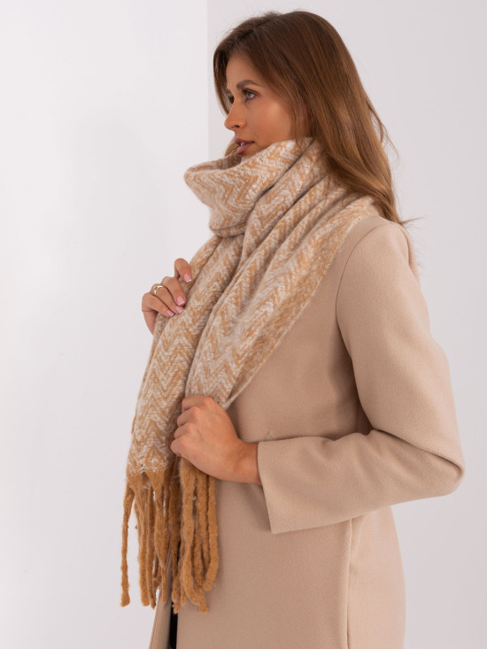 Sciarpa geometrica beige con frange