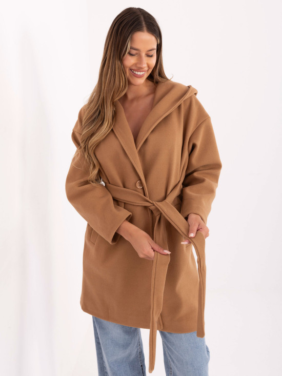 Elegante cappotto primaverile con cappuccio color cammello