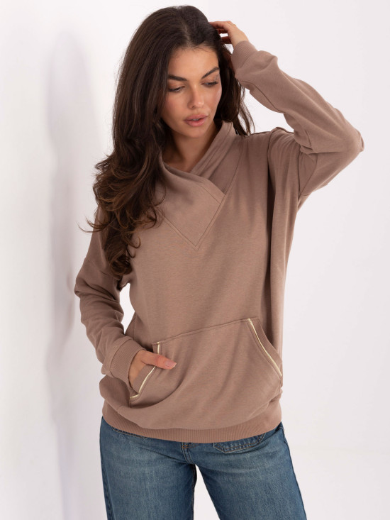 Felpa beige in cotone con colletto e tasca
