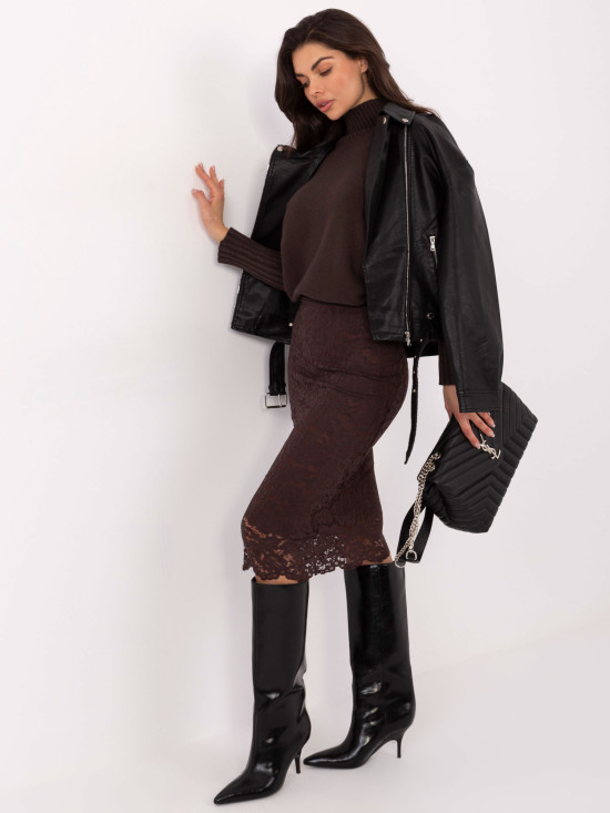 Elegantna midi suknja s čipkom i podstavom, smeđa