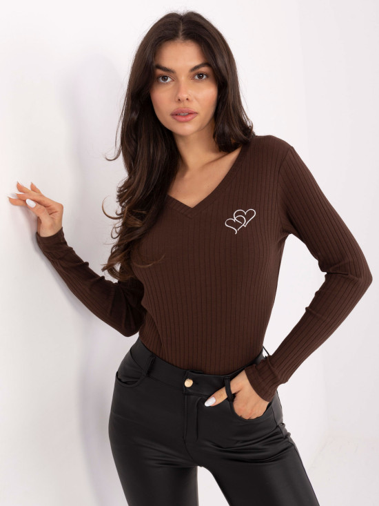 Blusa marrone in cotone con ricamo e scollo a V