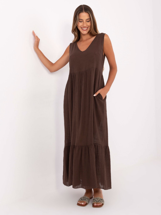 Maxi abito con scollatura a V in marrone scuro