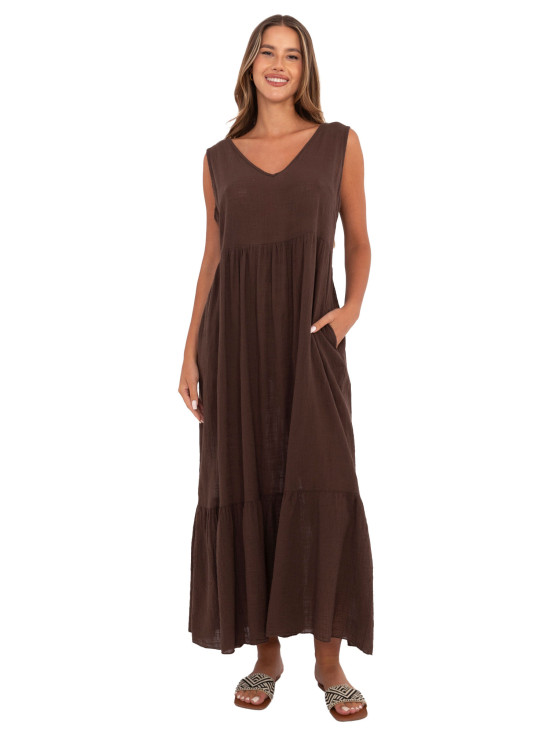 Maxi abito con scollatura a V in marrone scuro