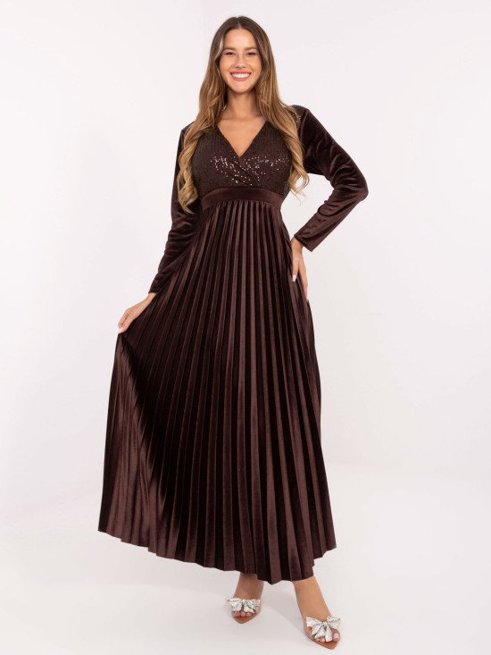 Elegantna maxi haljina s remenom i šljokicama, smeđa