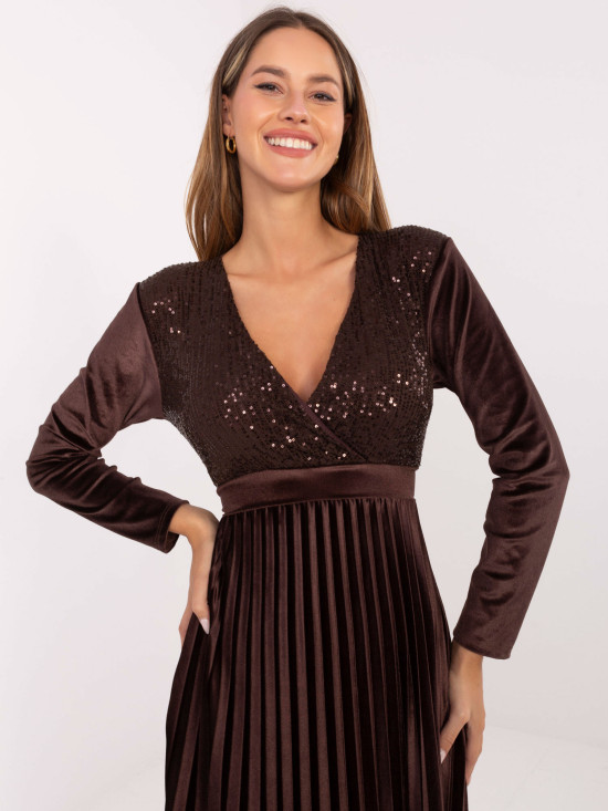 Elegantna maxi haljina s remenom i šljokicama, smeđa