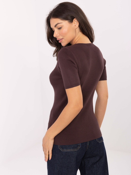 Maglione marrone a costine con scollo a V