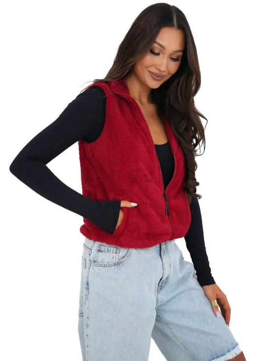 Gilet da donna in eco-pelliccia rosso scuro