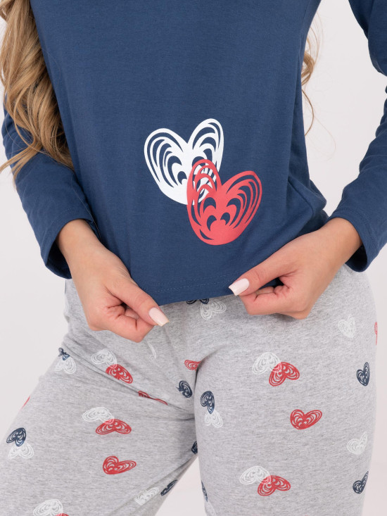 Ženska pamučna pidžama s printom, tamnoplava