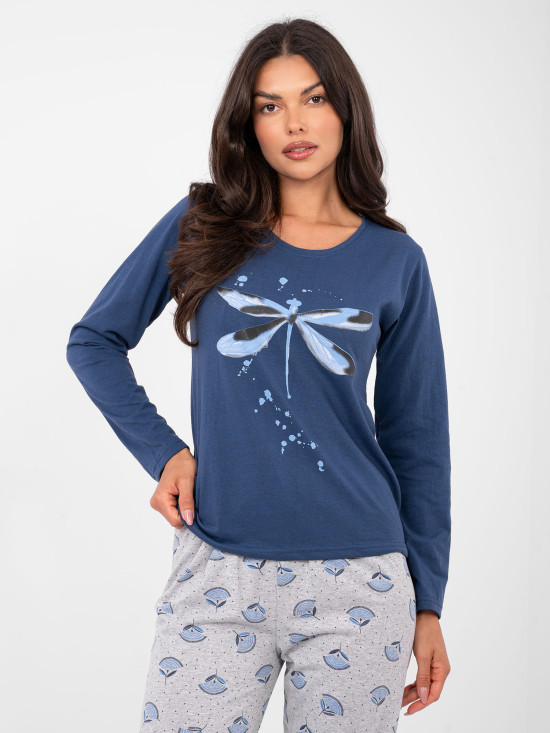 Ženska pamučna pidžama s dugim rukavima, tamnoplava