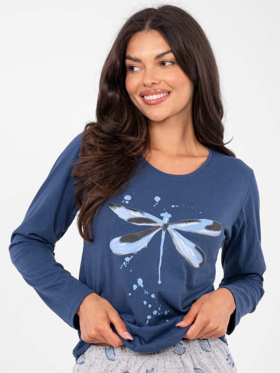 Ženska pamučna pidžama s dugim rukavima, tamnoplava