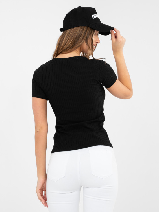 Blusa nera in cotone a costine con maniche corte
