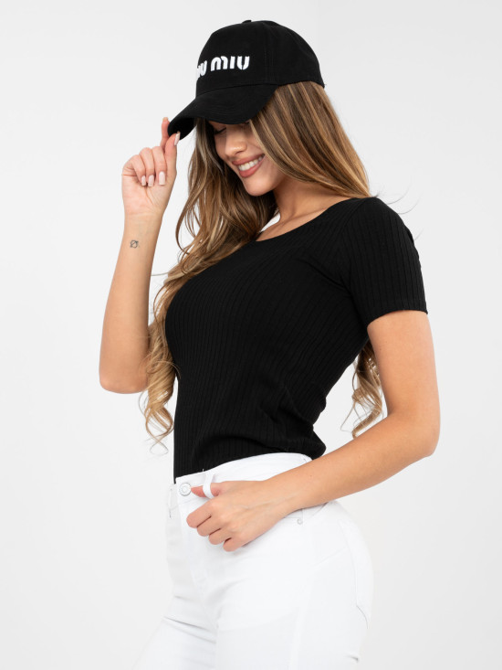 Blusa nera in cotone a costine con maniche corte
