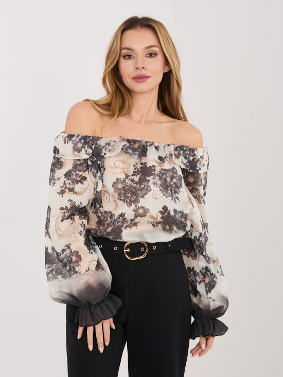 Blusa nera floreale con scollo a spalle scoperte