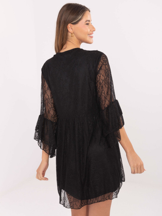 Abito mini nero svasato con pizzo e laccetti