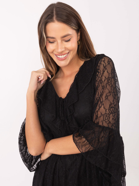 Abito mini nero svasato con pizzo e laccetti