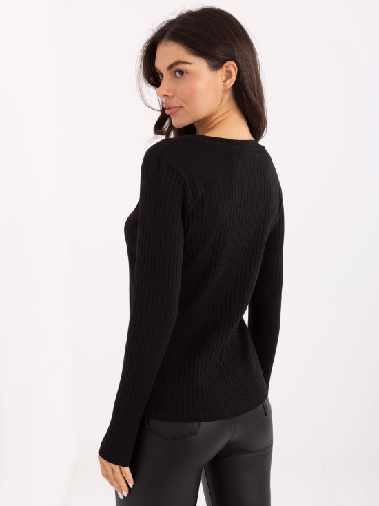 Blusa nera in cotone con ricamo e scollo a V