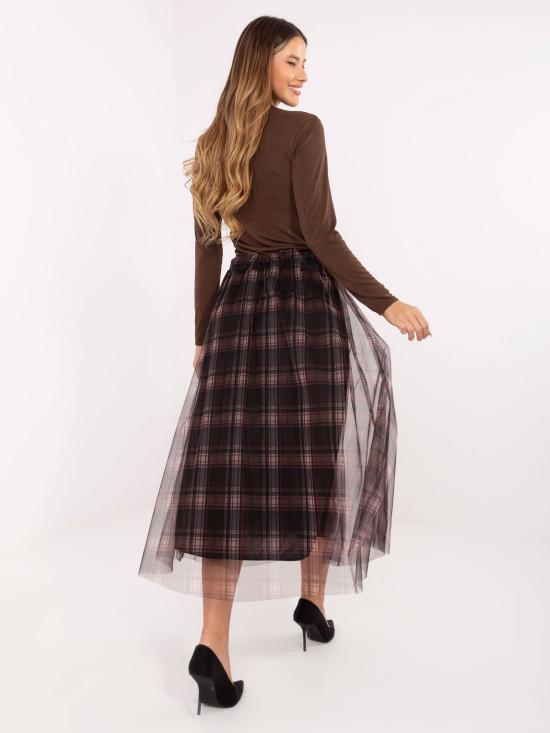 Gonna elegante in tulle nero con motivo a quadri, midi